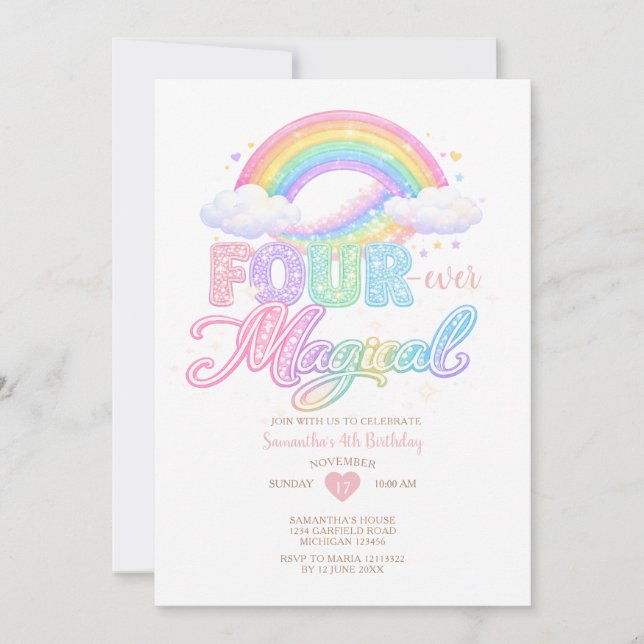 Pastelwolke Magischer Regenbogen 4. Geburtstag  Einladung (Vorderseite)