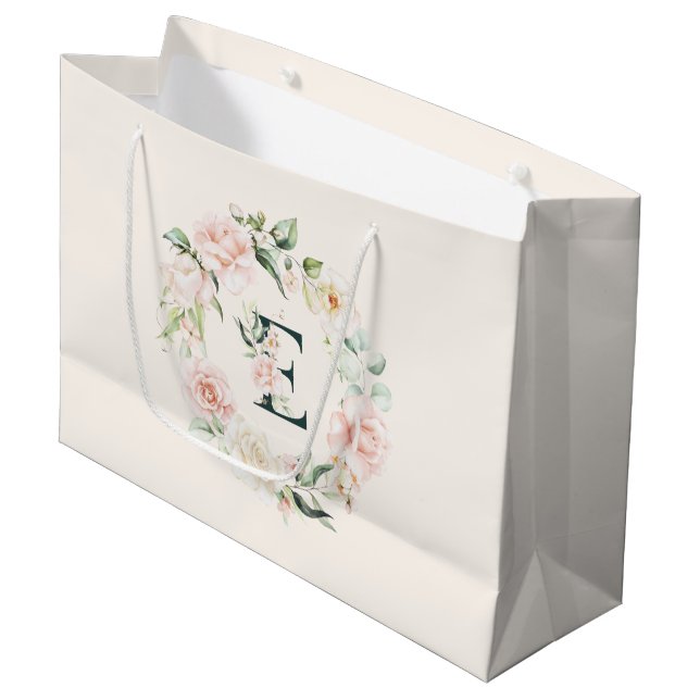 Paster-Rose mit floralen Monogramm E Große Geschenktüte (Vorderseite Schrägansicht)