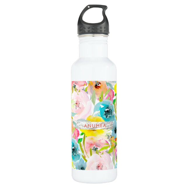 Pastete Aquarellfarben Blume Rosa Aquamarin gelb Edelstahlflasche (Vorderseite)