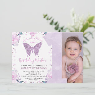Pastete Lila Glitzer Foto Butterfly 1. Geburtstag Einladung
