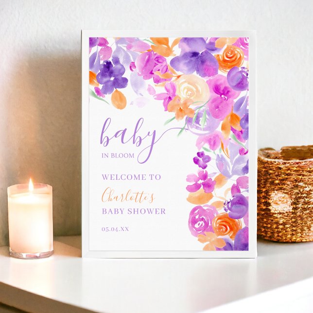 Pastete lila orangefarbene Blütendusche Poster (Pastel purple orange floral welcome baby shower poster)