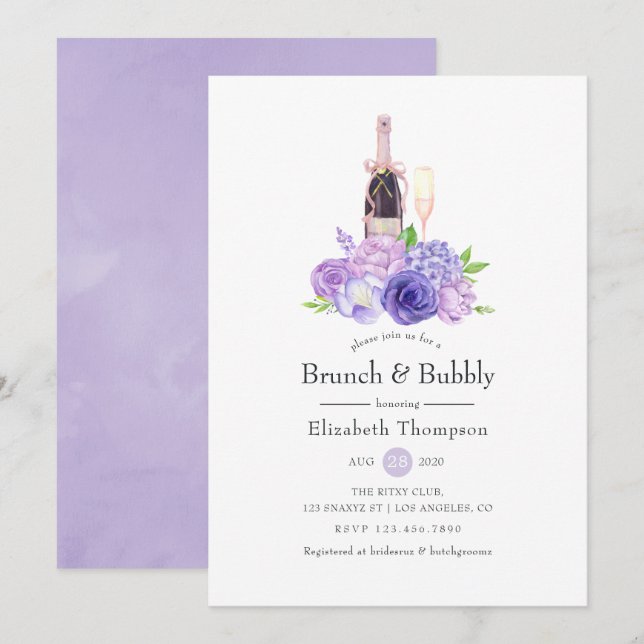 Pastete Violett Blumenbrunch & Bubbly Brautparty Einladung (Vorne/Hinten)