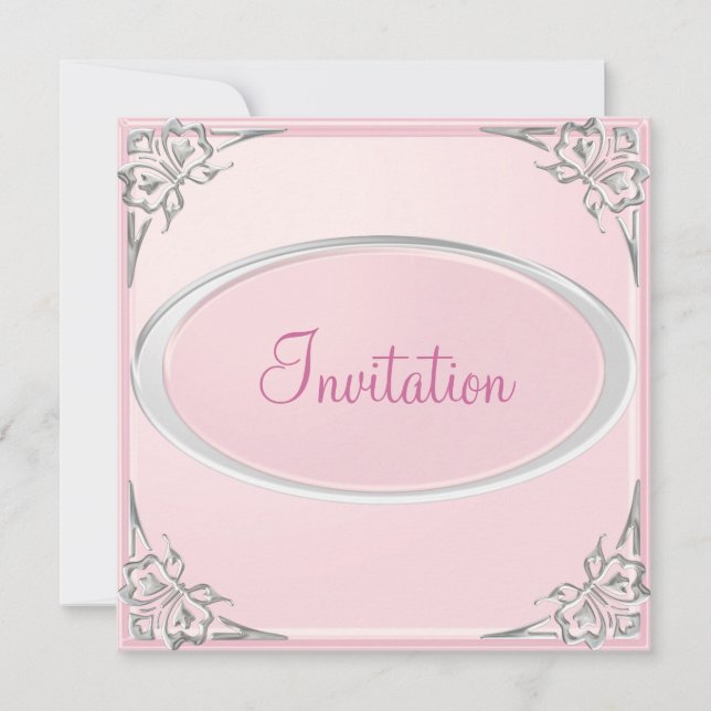Pasteur Baby Pink Silver Butterfly Event Einladung (Vorderseite)
