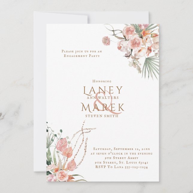 Pastor Watercolor Floral Engagement Party Einladung (Vorderseite)