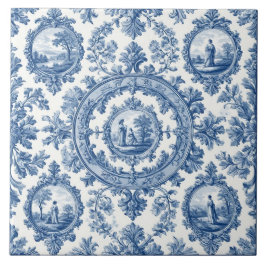 Pastoral Countryside Rural Folks French Toile Blue Fliese