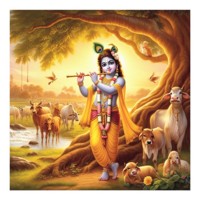 Pastoral Golden Serene Krishna Flute Szene Art Fotodruck (Vorne)
