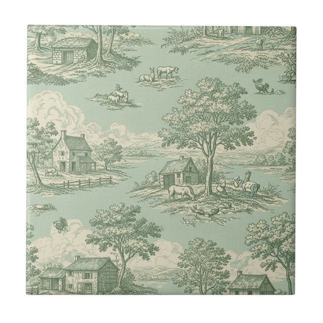 Pastoral Sage Green Toile Countryside Farm Scene 1 Fliese (Vorderseite)