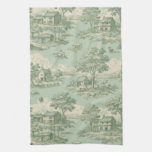 Pastoral Sage Green Toile Countryside Farm Scene 1 Geschirrtuch (Vertikal)