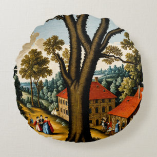 Pastorale Szene im Stil der Stickerei des 17. Jahr Rundes Kissen