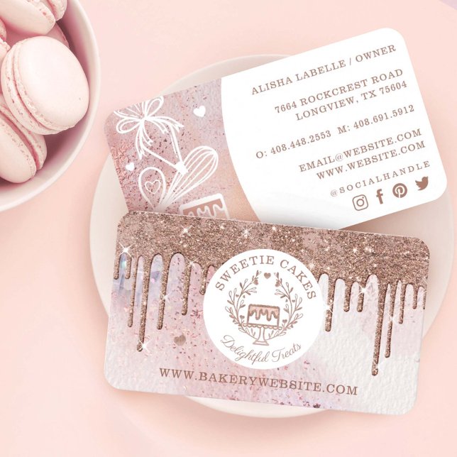 Pastry Cake Bakery Glitter Rose Gold Pink Drips Visitenkarte (Von Creator hochgeladen)