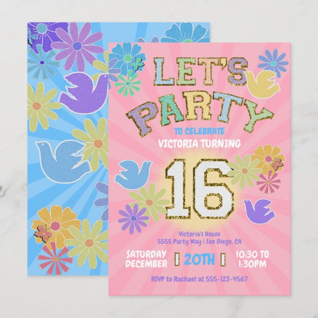 Patch Letter Birthday Party Retro Preppy Hippie Einladung (Vorne/Hinten)