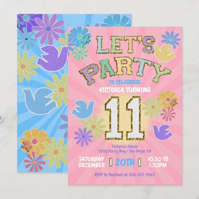 Patch Letter Birthday Party Retro Preppy Hippie Einladung (Vorne/Hinten)