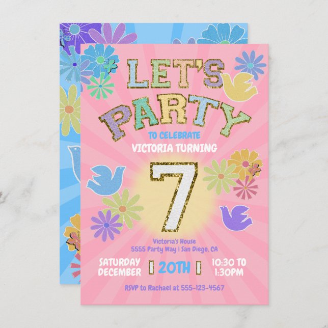 Patch Letter Birthday Party Retro Preppy Hippie Einladung (Vorne/Hinten)