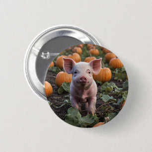 **"Patch of Joy: A Happy Baby Pig Under Pumpkins"* Button