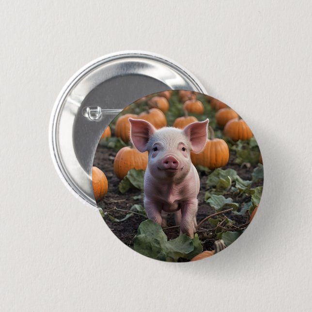 **"Patch of Joy: A Happy Baby Pig Under Pumpkins"* Button (Vorne & Hinten)