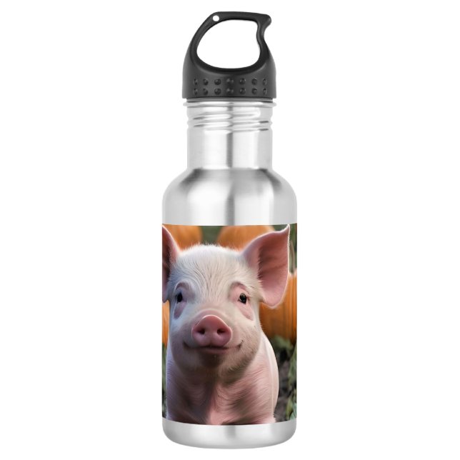 **"Patch of Joy: A Happy Baby Pig Under Pumpkins"* Edelstahlflasche (Vorderseite)