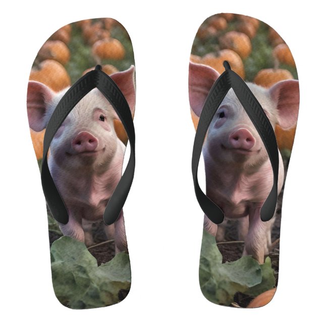 **"Patch of Joy: A Happy Baby Pig Under Pumpkins"* Flip Flops (Fußbett)