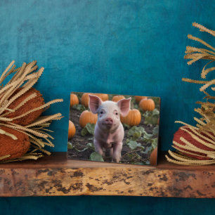 **"Patch of Joy: A Happy Baby Pig Under Pumpkins"* Fotoplatte