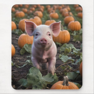 **"Patch of Joy: A Happy Baby Pig Under Pumpkins"* Mousepad