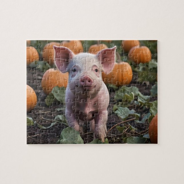 **"Patch of Joy: A Happy Baby Pig Under Pumpkins"* Puzzle (Horizontal)
