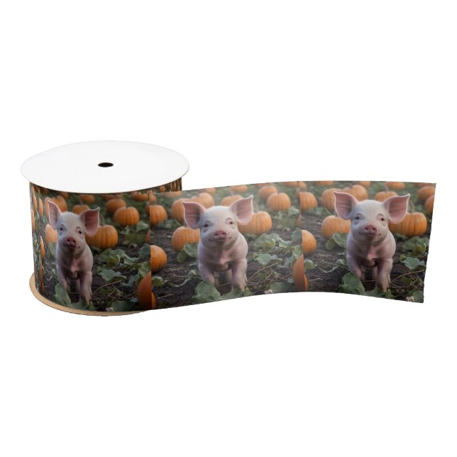 **"Patch of Joy: A Happy Baby Pig Under Pumpkins"* Satinband (Spule)