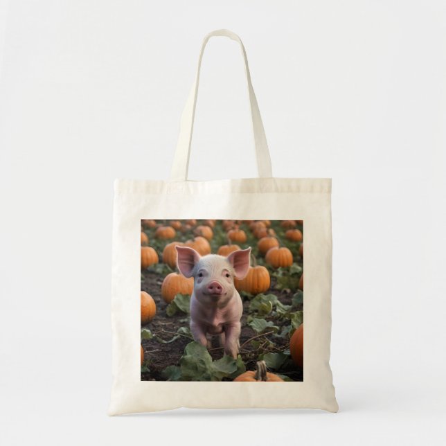 **"Patch of Joy: A Happy Baby Pig Under Pumpkins"* Tragetasche (Vorne)