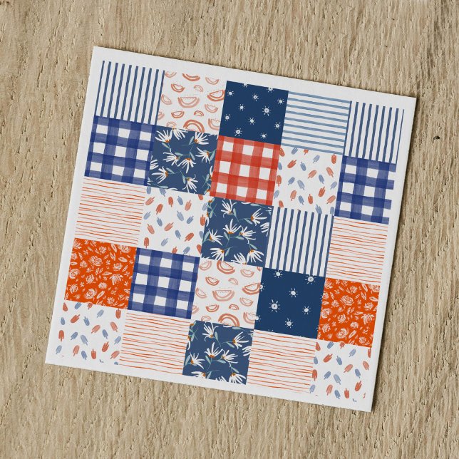 Patchwork 4. Juli Red White Blue Serviette (Red, white, and blue patchwork Fourth of July party paper napkins.)