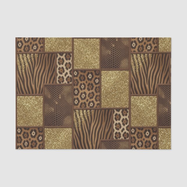 Patchwork-Afrika-Tierdruck | Braun & Gold Seidenpapier (Vorderseite)