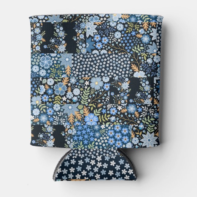 Patchwork Blaue Blumen: Nahtlose Stoffe. Dosenkühler (Vorderseite)