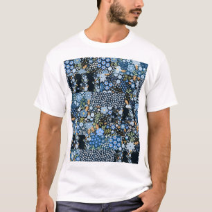 Patchwork Blaue Blumen: Nahtlose Stoffe. T-Shirt