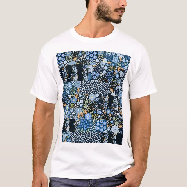 Patchwork Blaue Blumen: Nahtlose Stoffe. T-Shirt (Vorderseite)