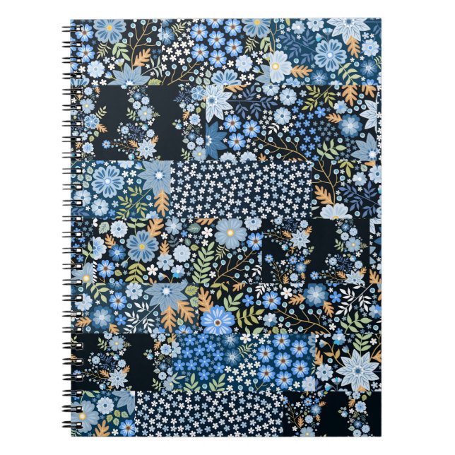 Patchwork blaue Blumen: Nahtloser Stoff. Notizblock (Vorderseite)