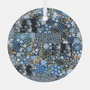 Patchwork blaue Blumen: Nahtloser Stoff. Ornament Aus Glas
