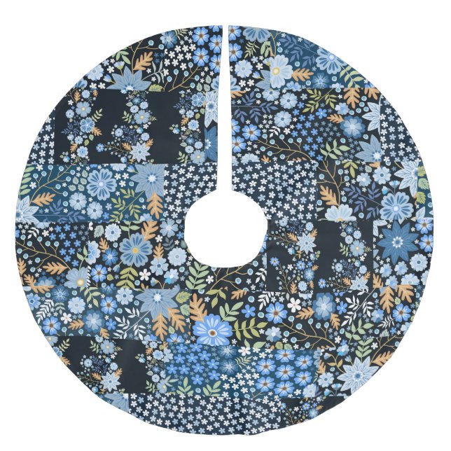 Patchwork blaue Blumen: Nahtloser Stoff. Polyester Weihnachtsbaumdecke (Vorderseite)