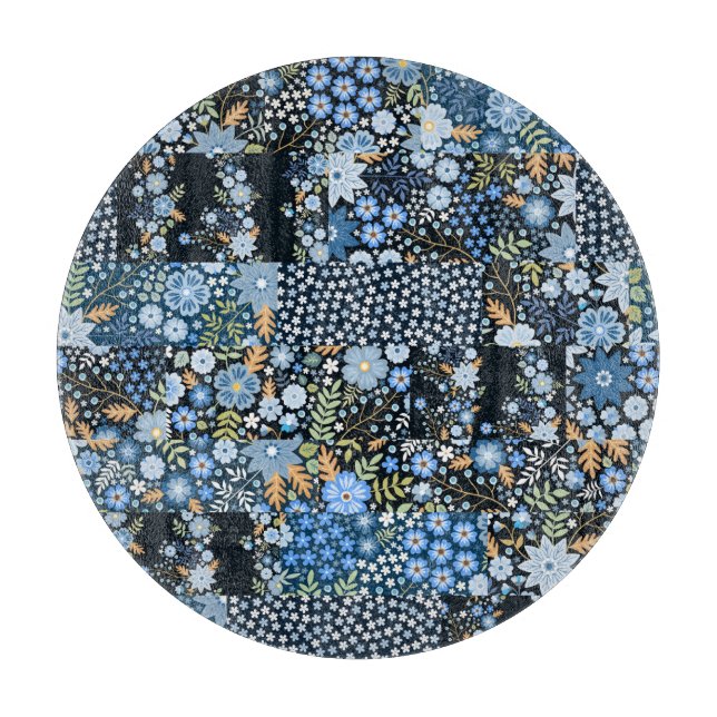 Patchwork blaue Blumen: Nahtloser Stoff. Schneidebrett (Vorderseite)