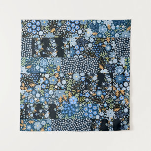 Patchwork blaue Blumen: Nahtloser Stoff. Wandteppich