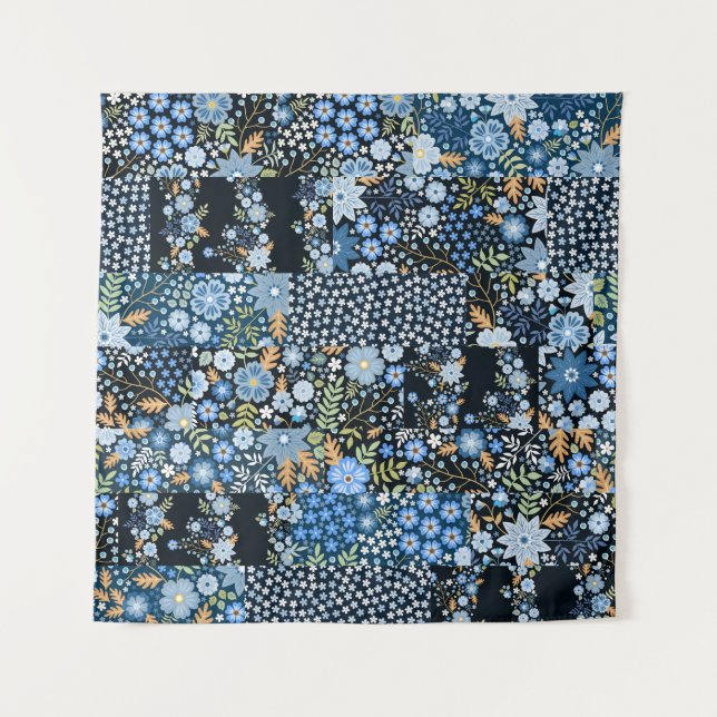 Patchwork blaue Blumen: Nahtloser Stoff. Wandteppich (Vorderseite)