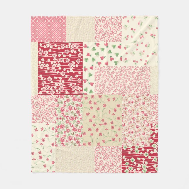 Patchwork Blumen: Handgezeichnete Ornamente. Fleecedecke (Vorderseite)