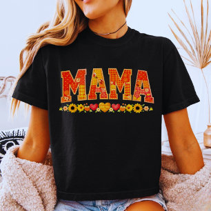 Patchwork-Blumen-Mama-falsche Stickerei-Lettering- T-Shirt