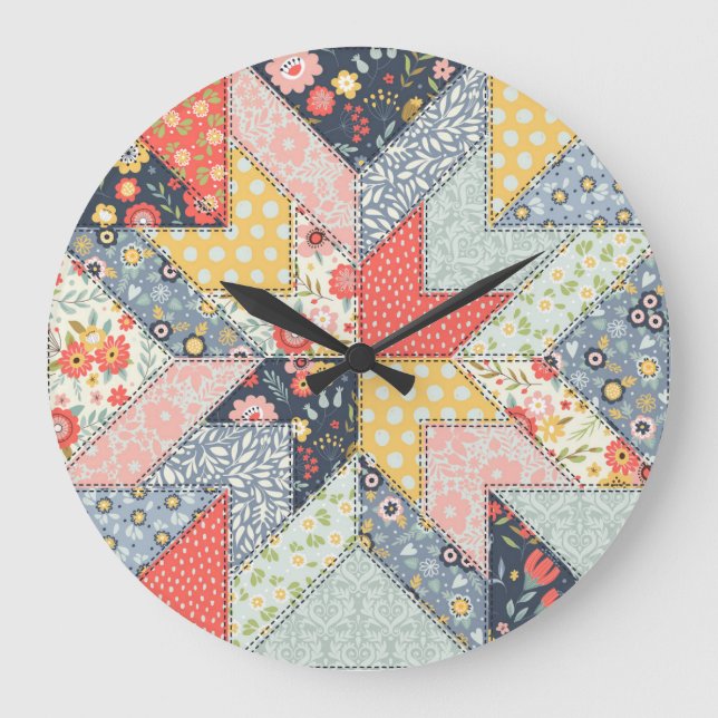 Patchwork-Blumen: Vintage-Ornament Große Wanduhr (Vorderseite)