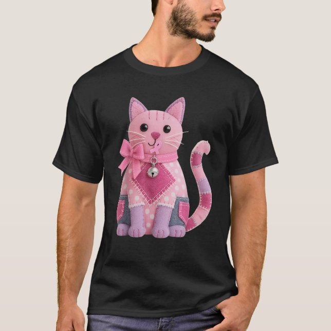Patchwork Cat Pink Ribbon Breast Cancer Awareness  T-Shirt (Vorderseite)
