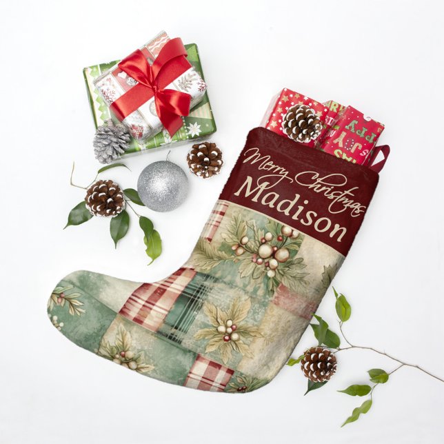 Patchwork Christmas Quilt Holly Berries Custom Großer Weihnachtsstrumpf (Von Creator hochgeladen)