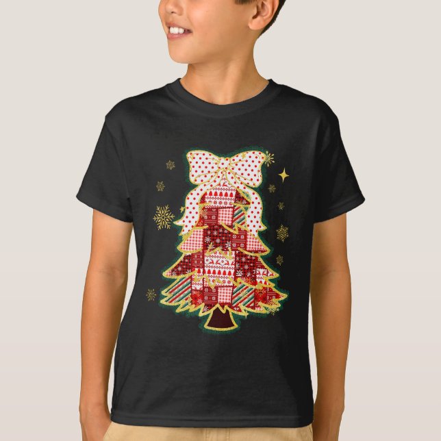 Patchwork Christmas Tree Coquette Bow Xmas Holiday T-Shirt (Vorderseite)