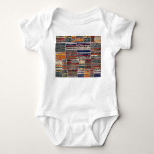 Patchwork-Collage: gemustertes Quiltmuster. Baby Strampler