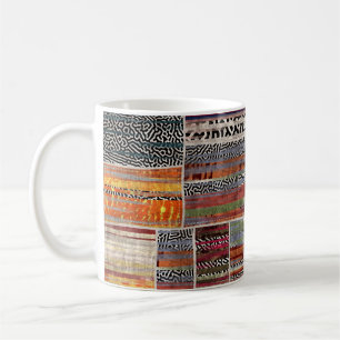 Patchwork-Collage: gemustertes Quiltmuster. Kaffeetasse