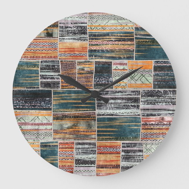 Patchwork Collage Mix, Quilt Muster Druck. Große Wanduhr (Vorderseite)