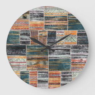 Patchwork-Collage-Mix, Quilt-Musterdruck. Große Wanduhr