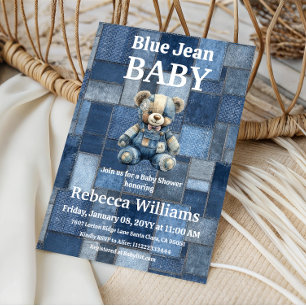Patchwork-Denim-Bär-Junge-Blue-Jean-Baby-Party Einladung