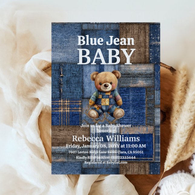 Patchwork Denim Bear Toy Blue Jean Baby Shower Einladung (Von Creator hochgeladen)