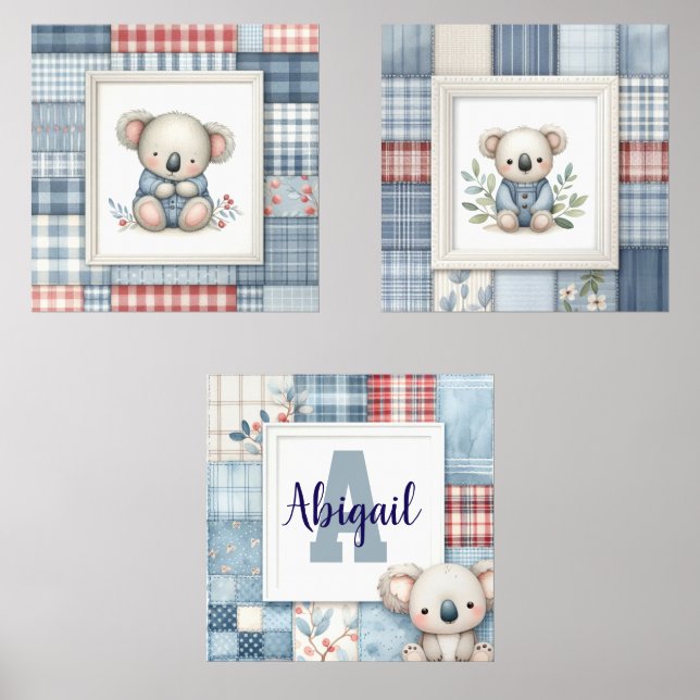 Patchwork Denim Koala Personalized Nursery Prints Bilderwand Sets (Vorderseite)
